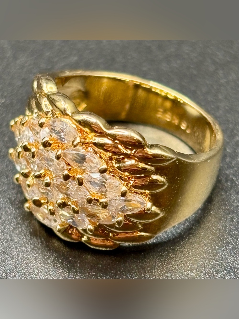 Vintage Gold Plated Marquise Rhinestone Cluster Statement Pinky Ring Size 4.5